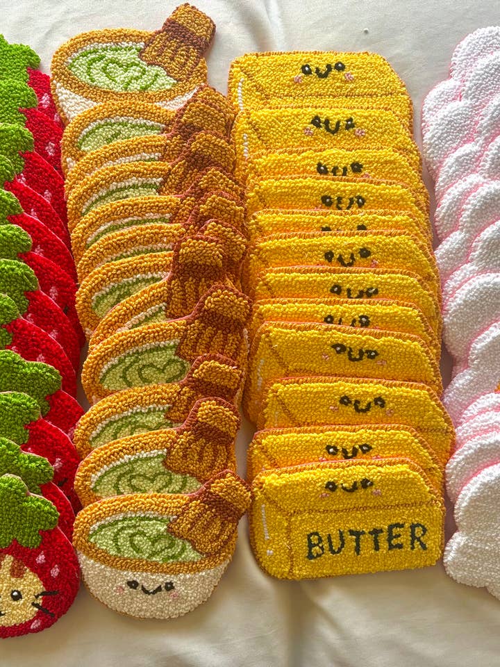 Handmade punch needle breakfast mug rug coasters for wholesale by Honey Punches