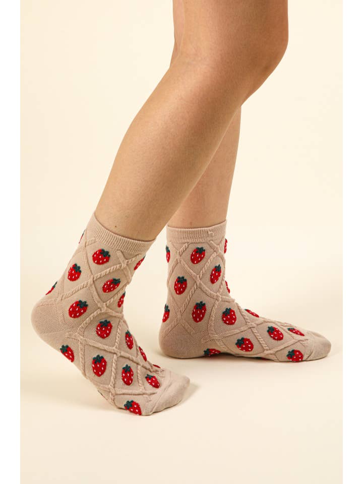 VERY J - Wholesale Socks - Women's - SC10040C-Strawberry Printed Textured Crew Socks
