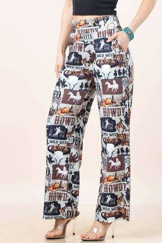 Grey Brown AP1309-TAYLOR WESTERN PRINT ELASTIC WAIST STRETCH PANTS  for wholesale on Faire2