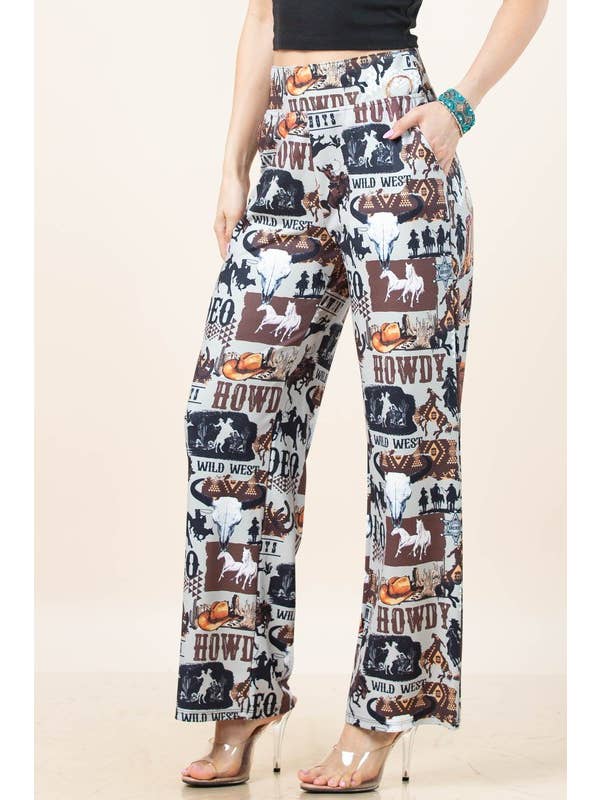 Grey Brown AP1309-TAYLOR WESTERN PRINT ELASTIC WAIST STRETCH PANTS for wholesale on Faire2
