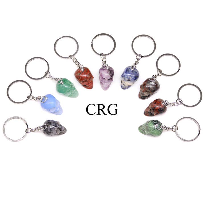 PACK DE 10 - Chaveiros Variados de Caveira de Cristal em Pedra Gema Halloween por atacado de Crystal River Gems LLC