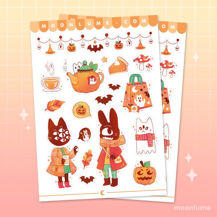 Halloween Friends vinyl and waterproof A6 sticker sheet for wholesale by Moonlume