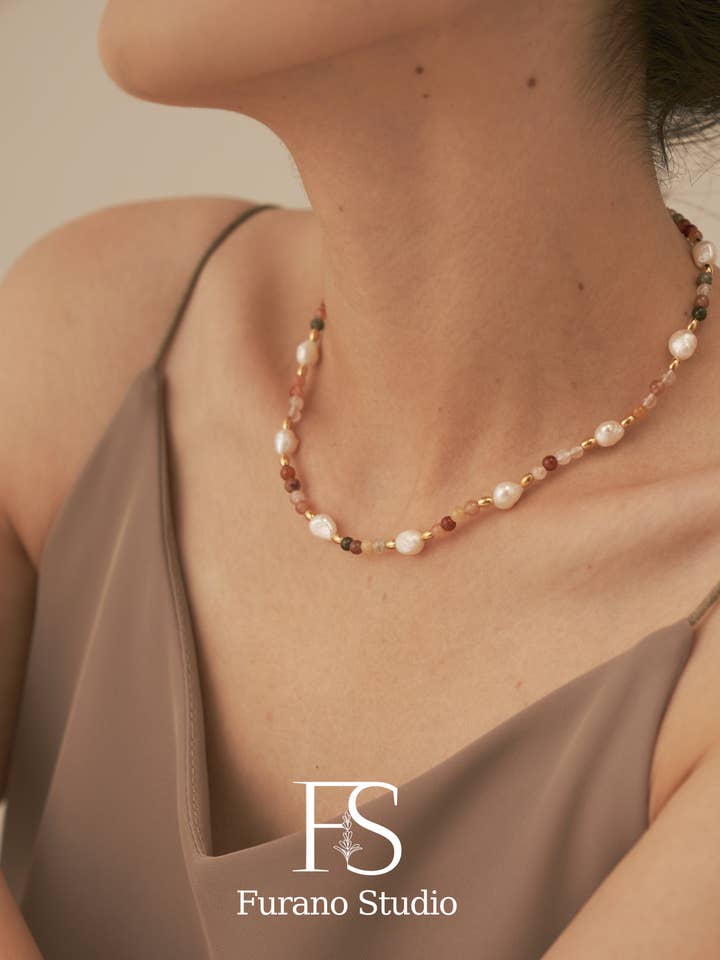 Gold Rainbow Beaded Necklace, Pink Agate Gemstone Necklace for wholesale by Furano Studio