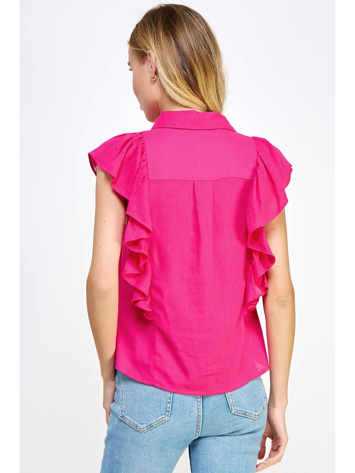 Strut & Bolt - Wholesale Button Down Shirt - Women's - Shoulder Ruffle Sleeveless Linen Blouse