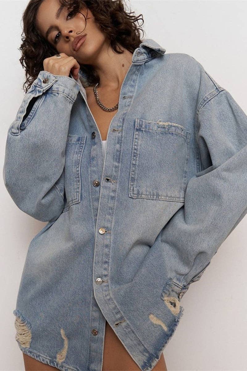 Mccolin - Wholesale Denim Jacket - Women's - Oversized Distressed Denim Jacket5