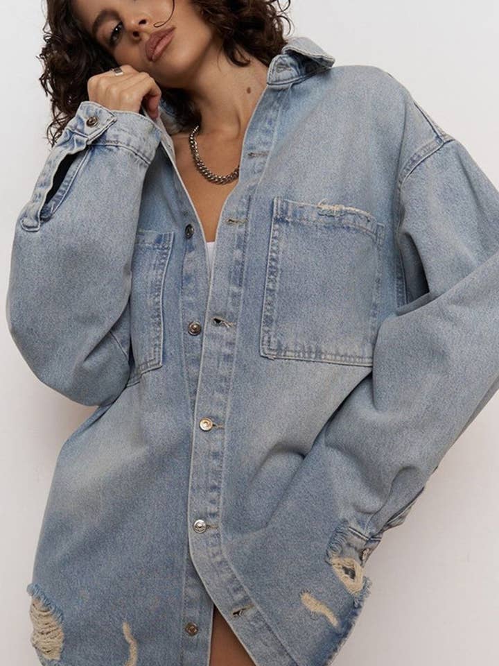 Mccolin - Wholesale Denim Jacket - Women's - Oversized Distressed Denim Jacket5