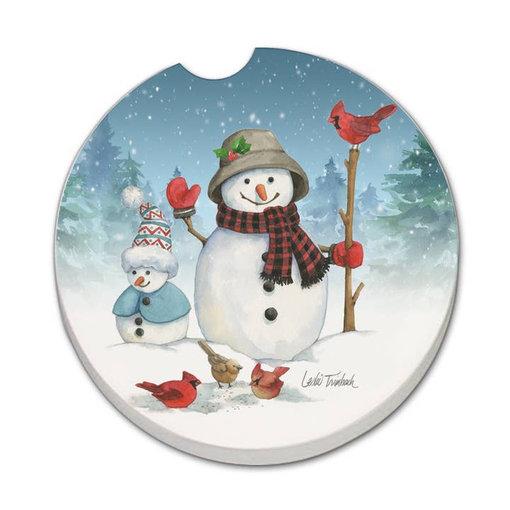 "Snowman Family" Absorbent Stone Car Coaster 1pk for wholesale by CounterArt/Highland Home/Thirstystone/CoasterStone