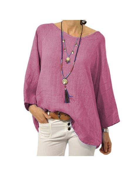 pinkblu02 - Wholesale Blouse - Women's - Plus Size Casual Solid Color Cotton Linen Blouse