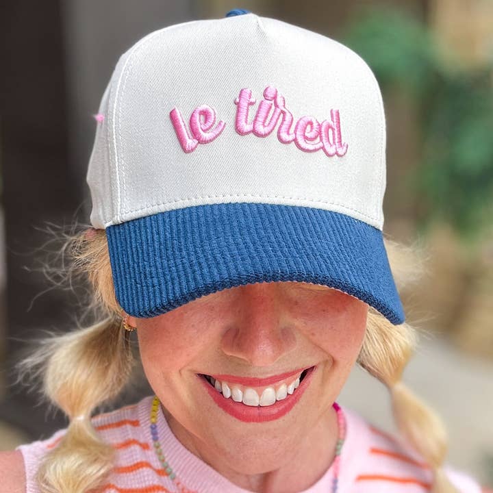 Embroidered Baseball Cap - "Le Tired" -Cream + Blue Corduroy for wholesale by Taylor Elliott Designs
