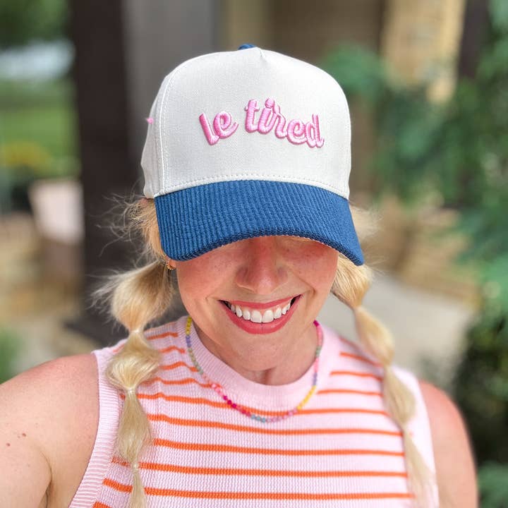 Casquette de baseball brodée - "Le Tired" - Crème + Velours côtelé bleu pour la vente par Taylor Elliott Designs