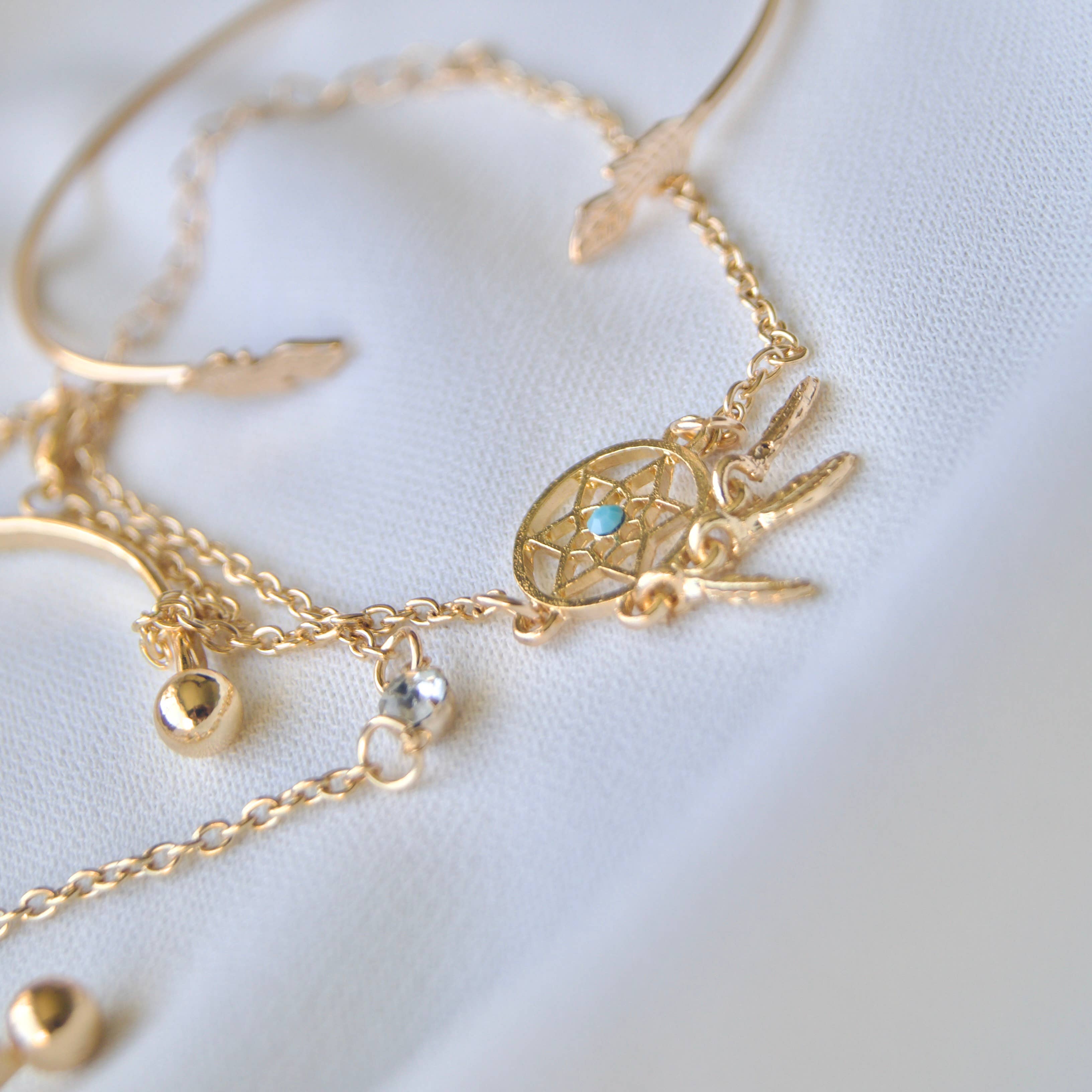 EAST INDIA IMPORTS - Venta al por mayor Juegos de joyas - Conjunto de pulseras con atrapasueños y plumas en tono dorado3