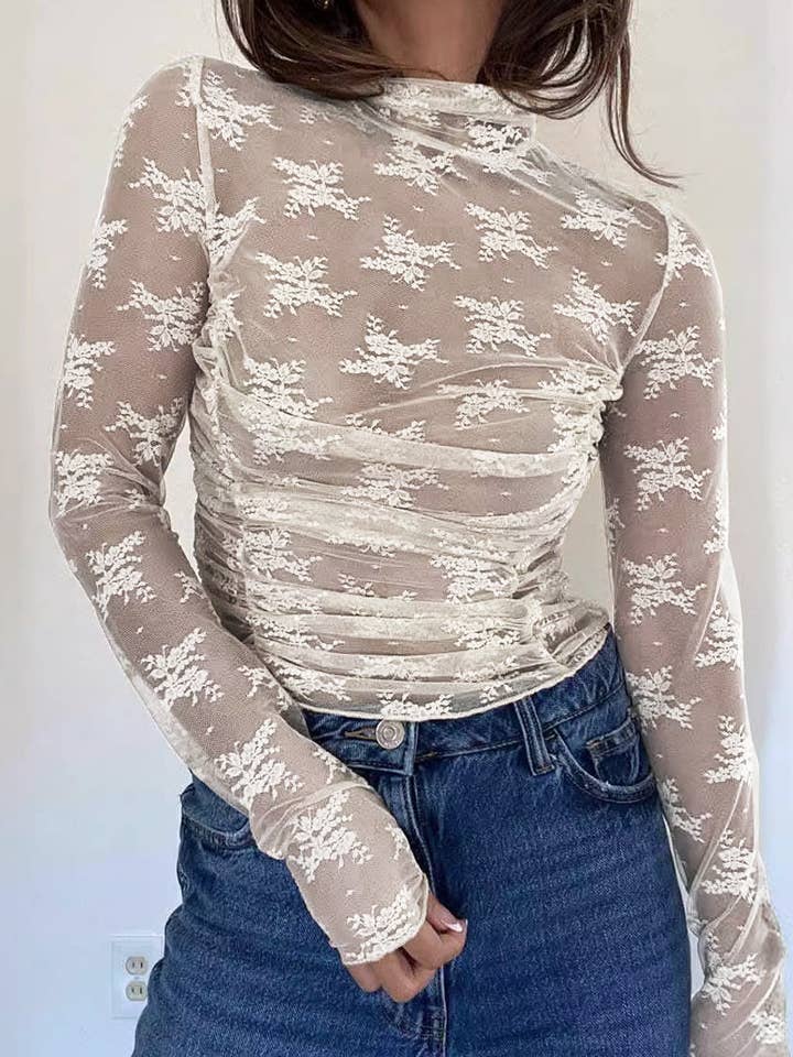 safistyle - Wholesale Blouse - Women's - Ruched Sheer Lace Long-Sleeve Top2