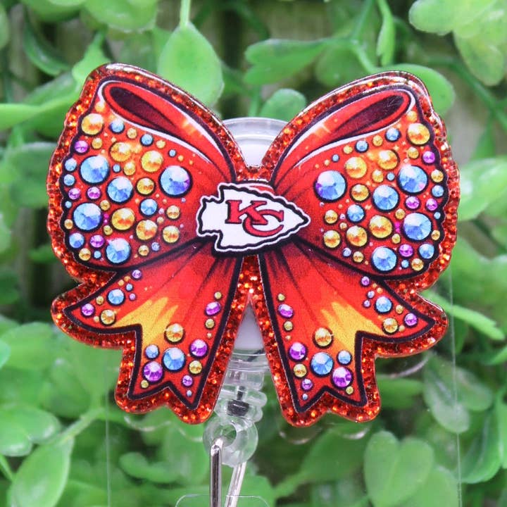 KC Chiefs Football Bow Badge/ID Holder Reel for wholesale by Hylidae Boutique