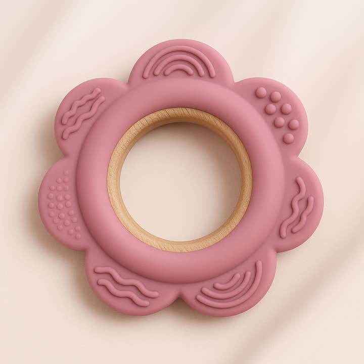 Giften Market - Wholesale Teether (Not Clip-On) - Baby - Pink Flower Silicone & Beechwood Baby Ring Teether - Blush8