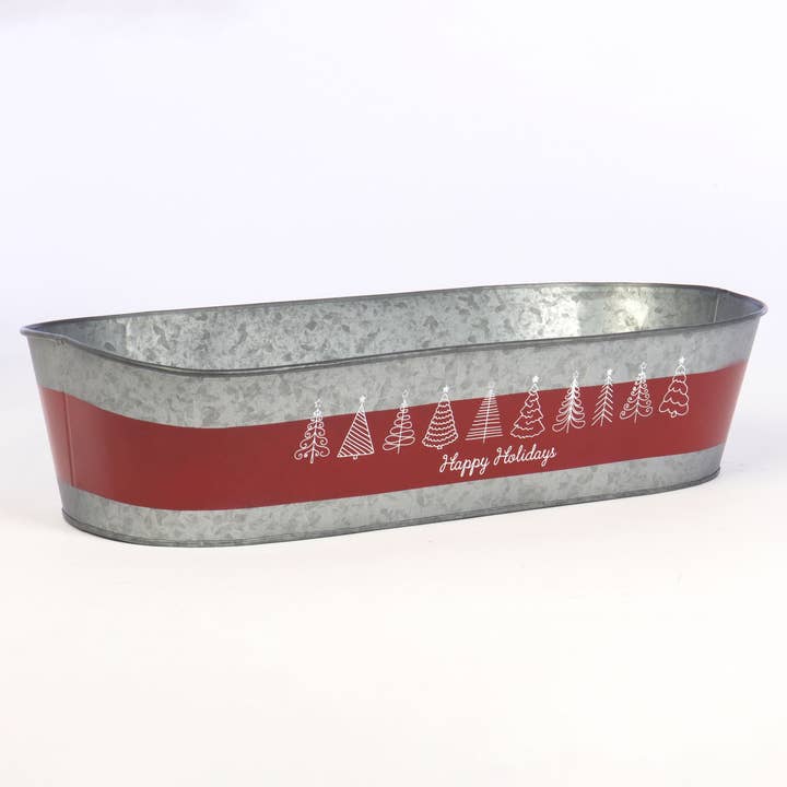 Willow Group - Wholesale Bucket/Pail - Red & White Happy Holidays Winter Trees Long Oval Tin