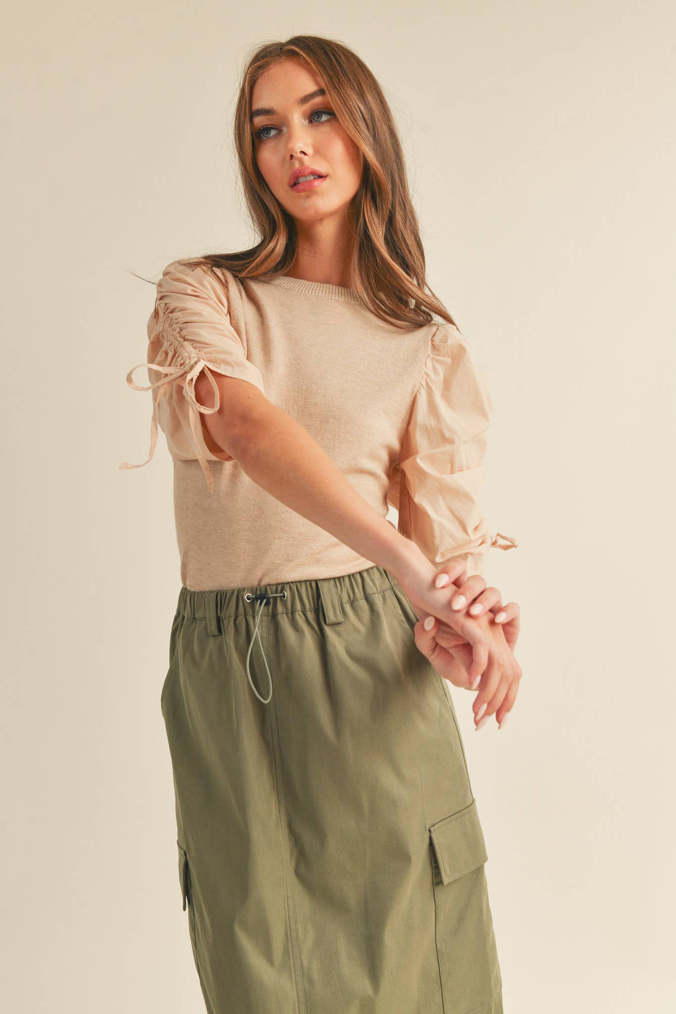 &MERCI - Wholesale Knit Top - Women's - RUCHED SLEEVE MIXED MEDIA TOP MSW24644