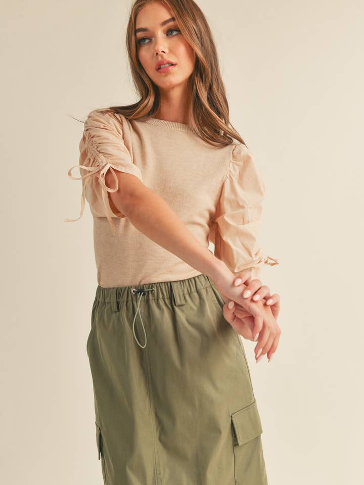 &MERCI - Wholesale Knit Top - Women's - RUCHED SLEEVE MIXED MEDIA TOP MSW24644