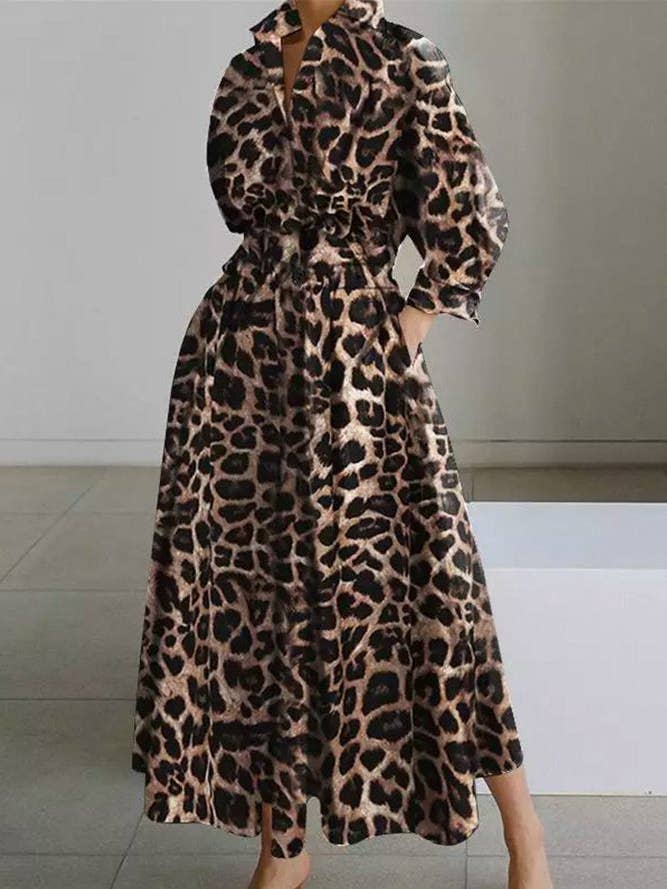 Urban Loose Long Sleeves Leopard Lapel Collar Midi Dresses for wholesale on Faire