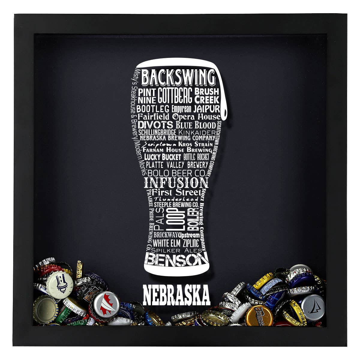 Torched Products - Vendita all'ingrosso Decorazione da parete 3D - State Beer Cap Shadow Box, nero, tipografia della birra artigianale25