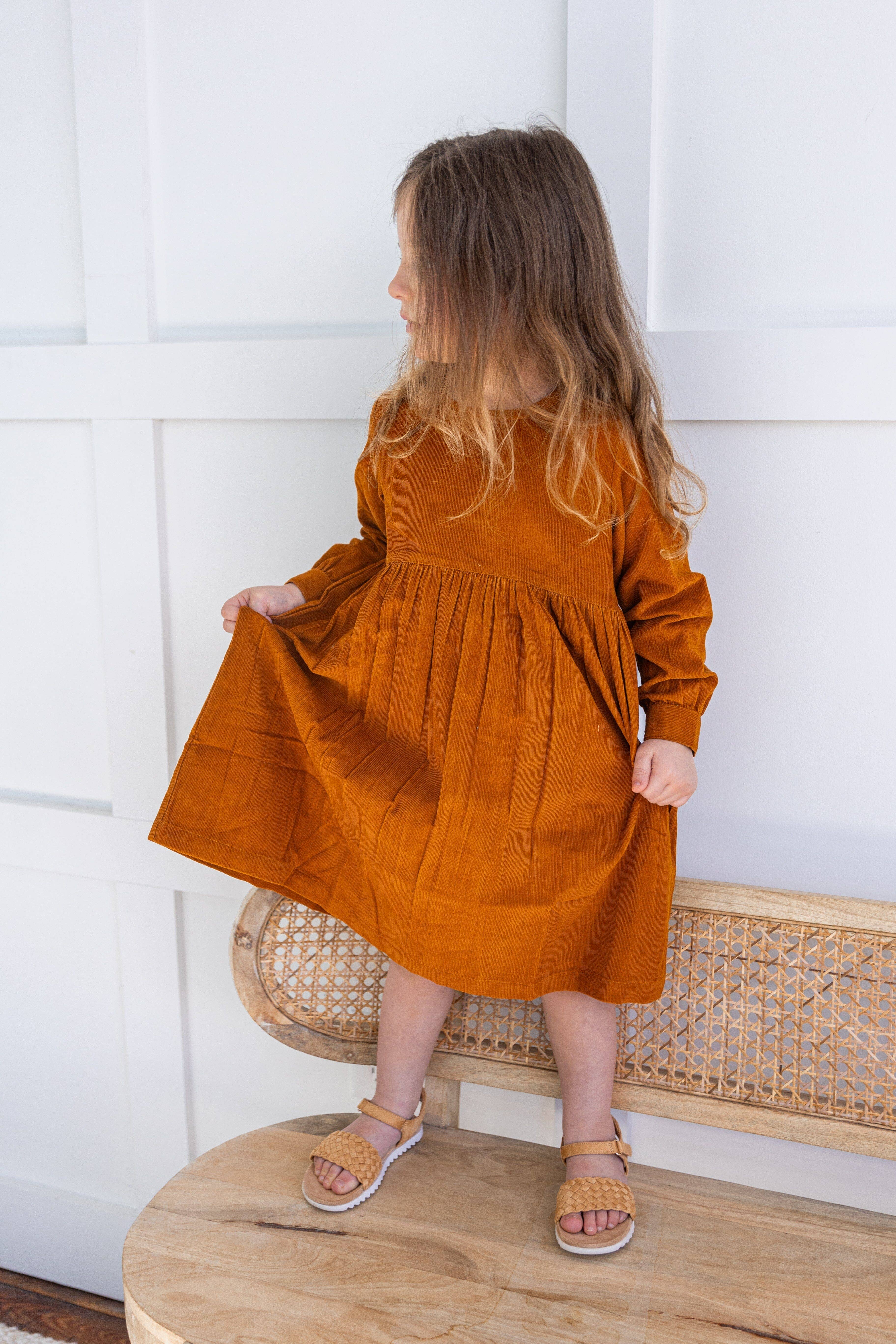Yo Baby - Wholesale Dress - Kids - Rust Corduroy Solid Color Long Sleeves Gathered Dress1