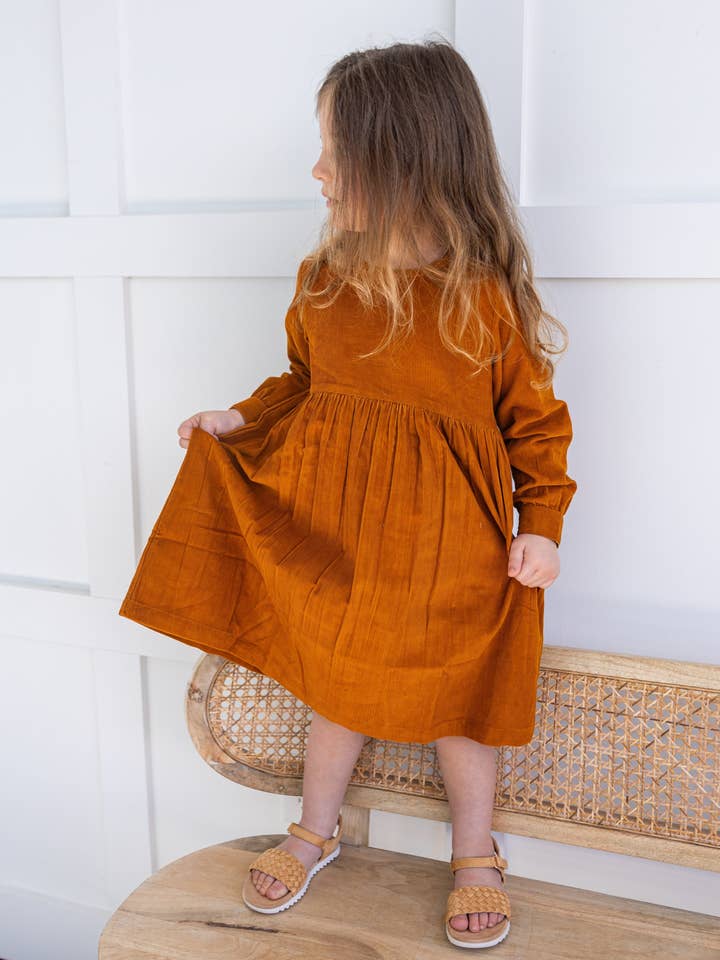 Yo Baby - Wholesale Dress - Kids - Rust Corduroy Solid Color Long Sleeves Gathered Dress1