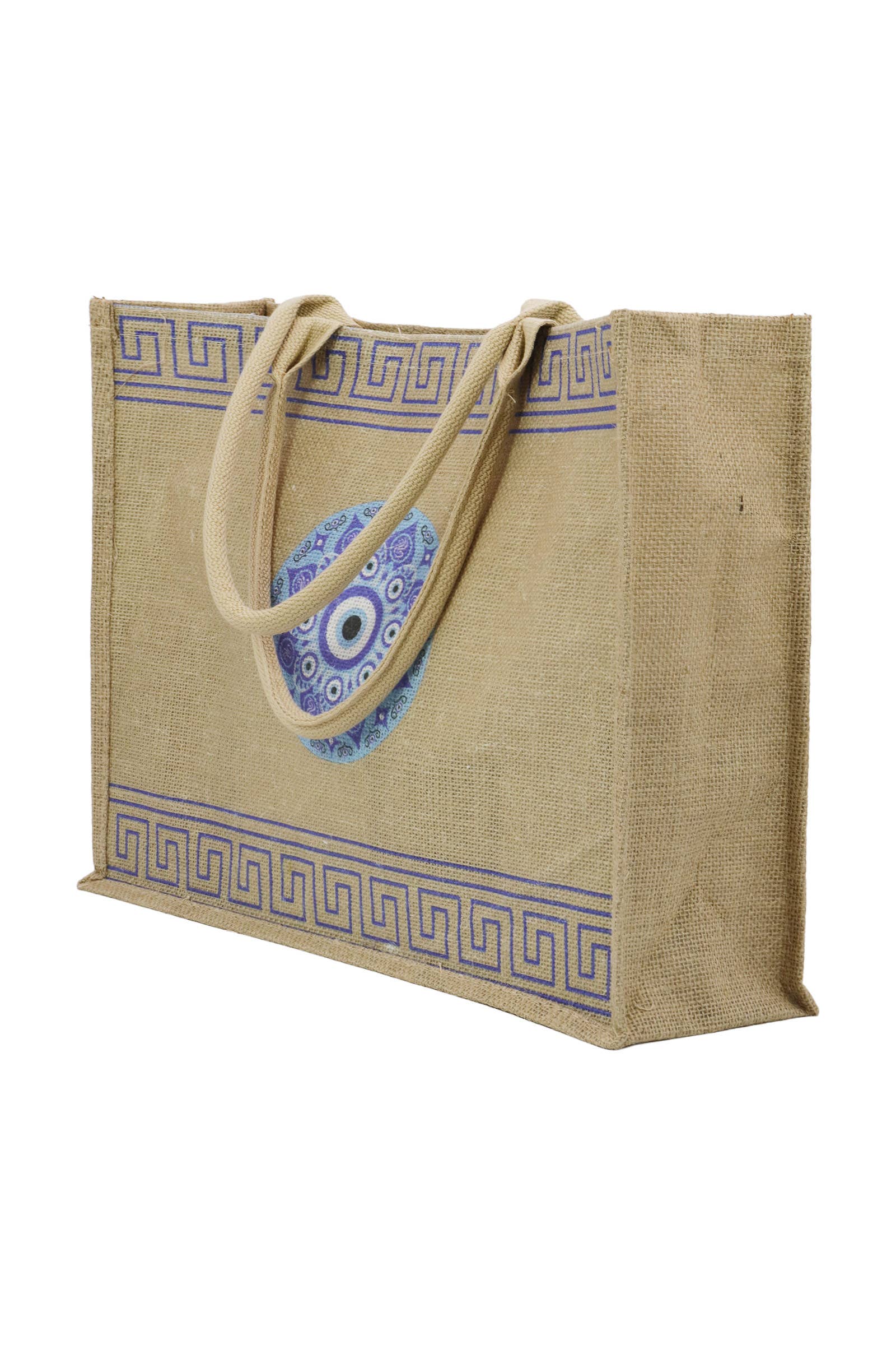 ASSORTED Evil Eye Greek Key Burlap Box Tote Beach Bag for wholesale on Faire1