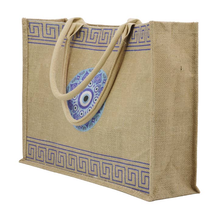 ASSORTED Evil Eye Greek Key Burlap Box Tote Beach Bag for wholesale on Faire1