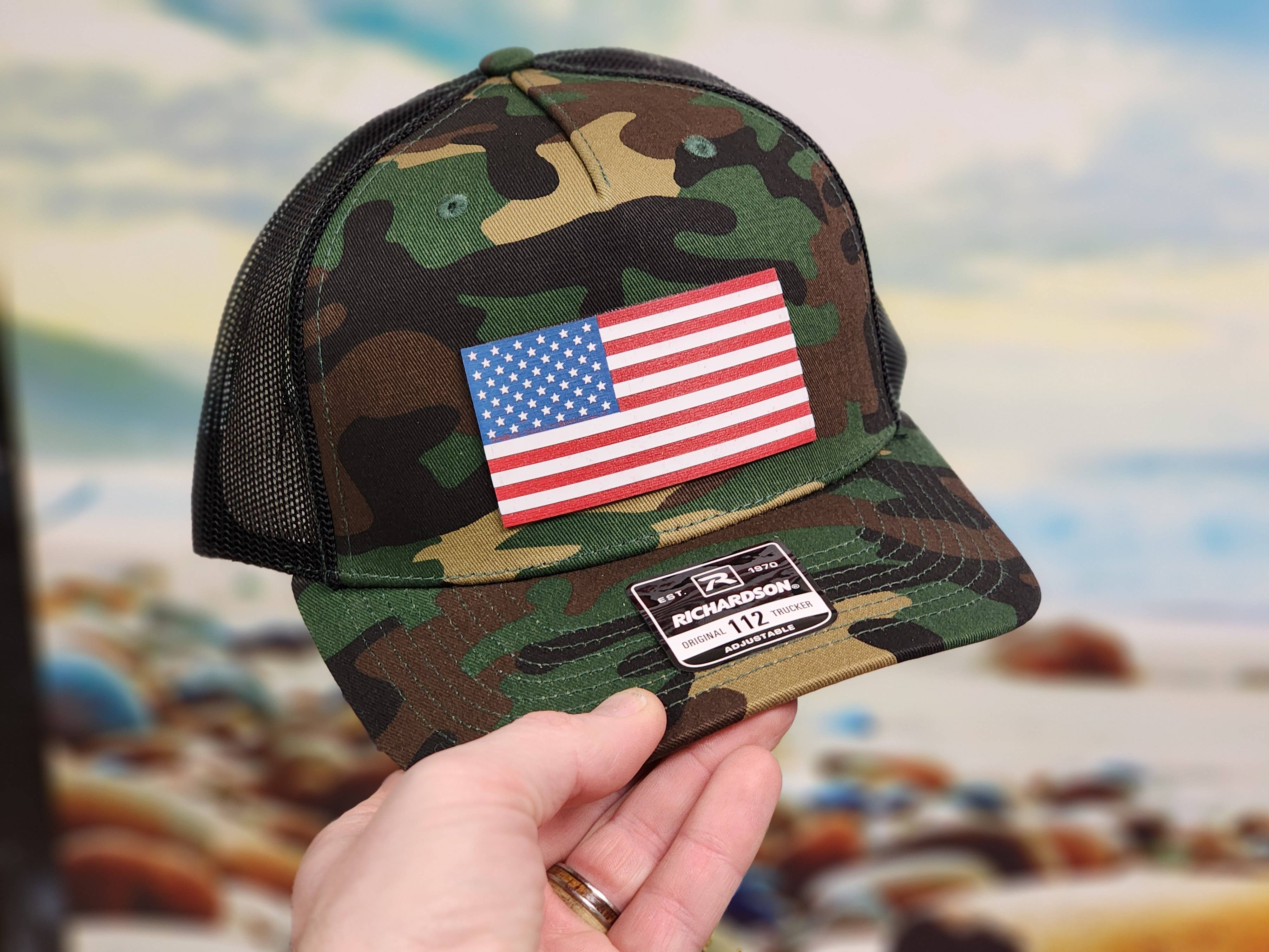Knot Creatives - Wholesale Trucker Hat - Unisex - Camouflage Trucker Cap with American Flag Patch2