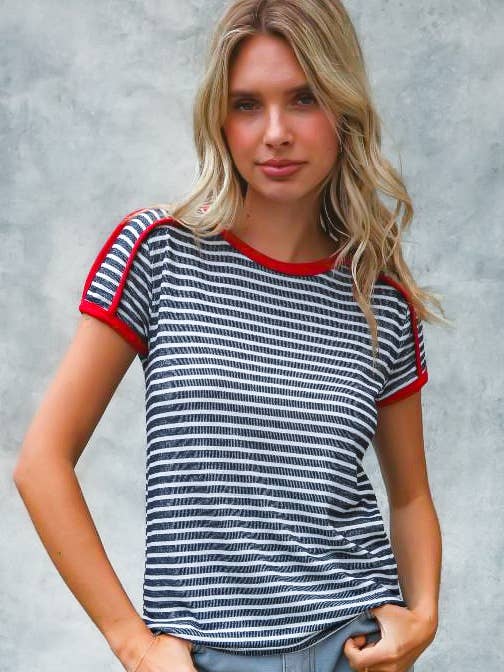 NAVY WHITE PLUS RINGER PIPED TRIM SHORT SLEEVE KNIT TOP for wholesale on Faire
