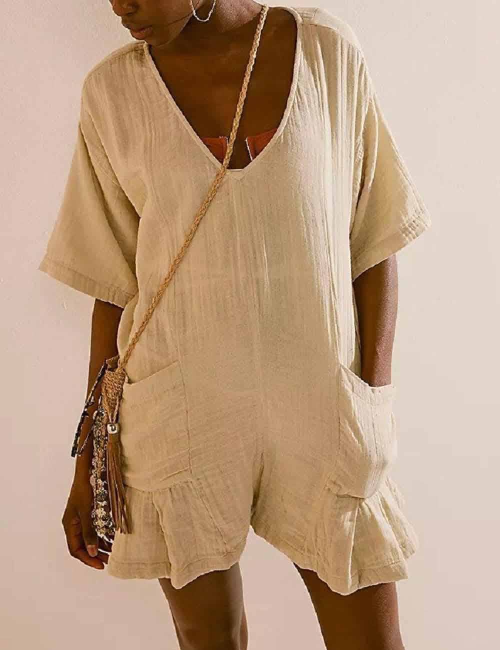 Sweetkama - Wholesale Romper - Women's - Flouncy Shapeless V-Neck Draped Sleeves Romper SKJ18119