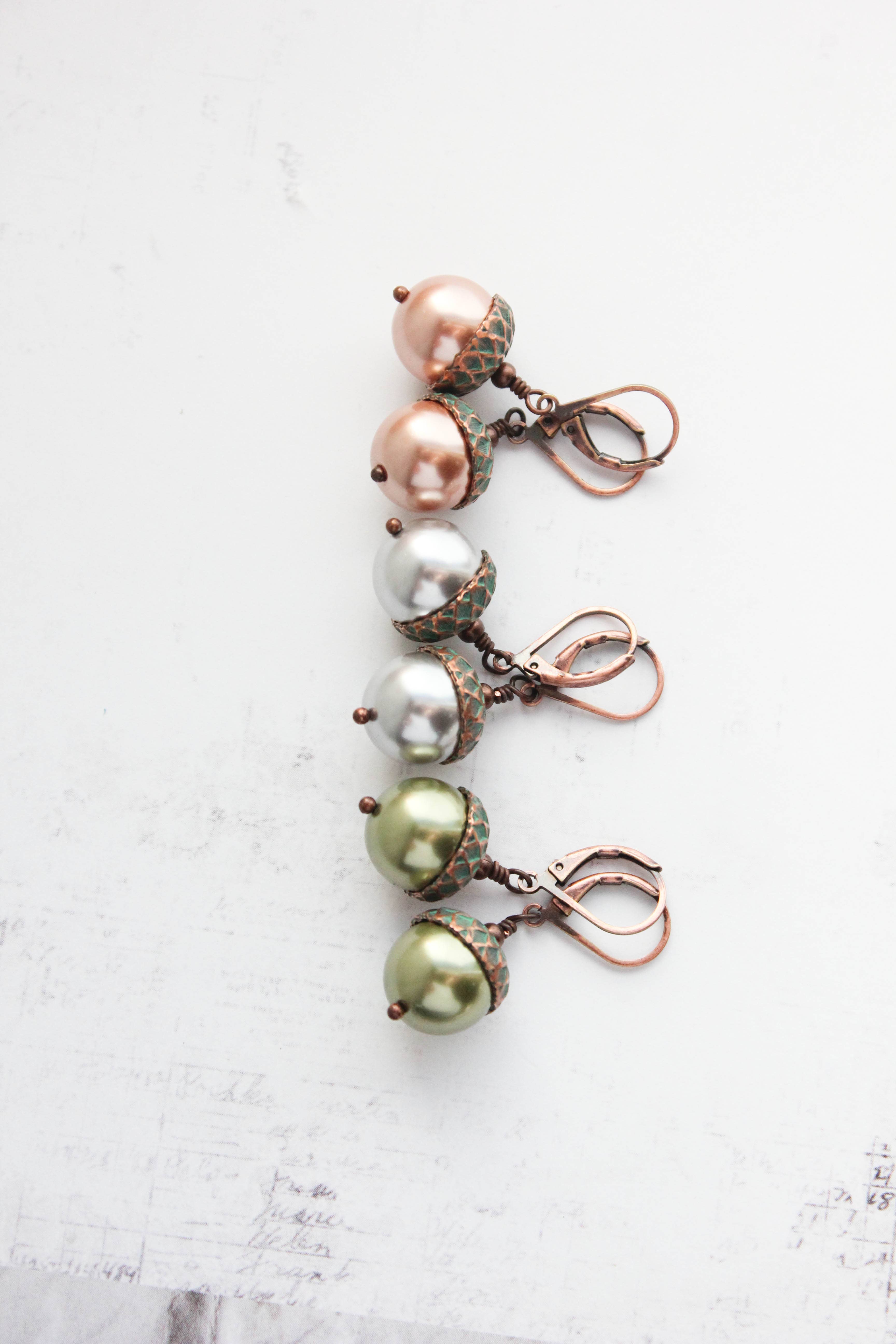 A Pocket of Posies - Wholesale Dangle Earrings - Pearl Acorn EARRINGS | Blush Mint Copper Patina7