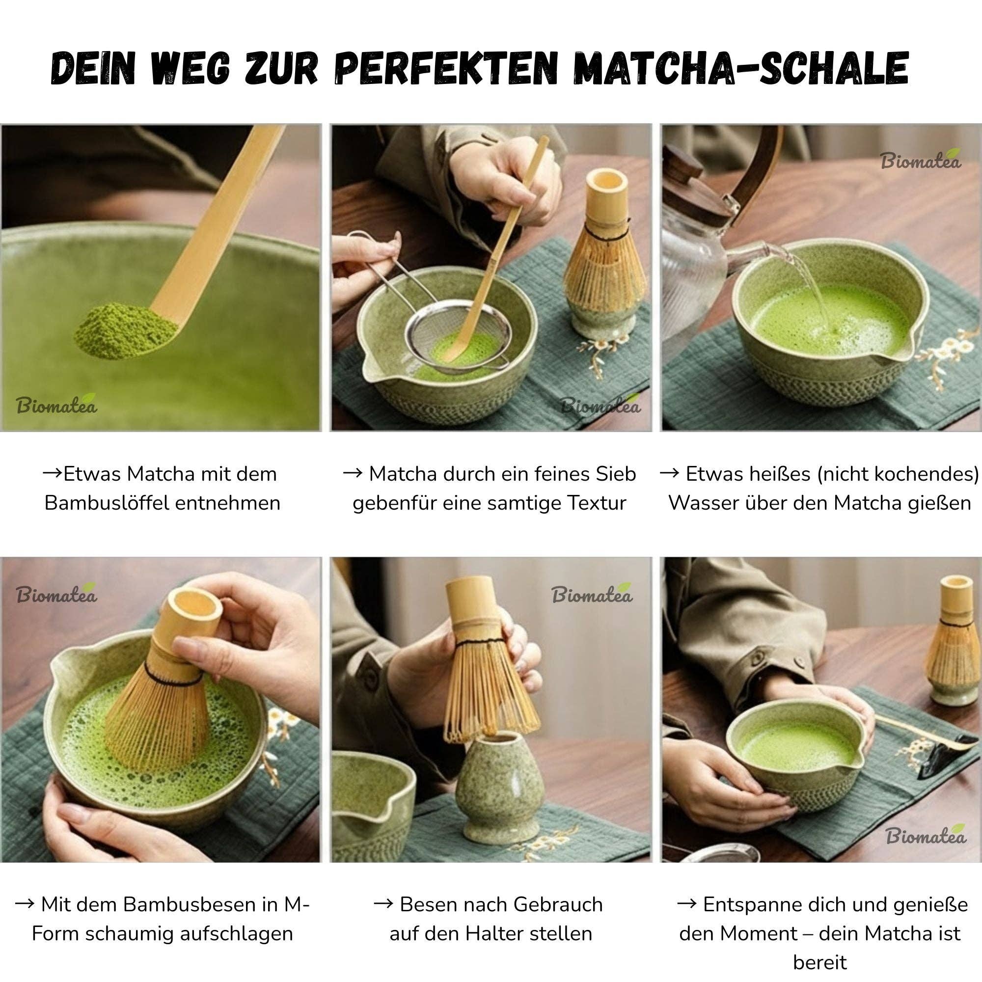 Biomatea - Vente Service à thé - Ensemble de matcha en céramique japonaise | Kit de démarrage matcha 6 pièces | Bol + fouet en bambou (Chasen) + support + cuillère en bambou (Chashaku) + tamis2