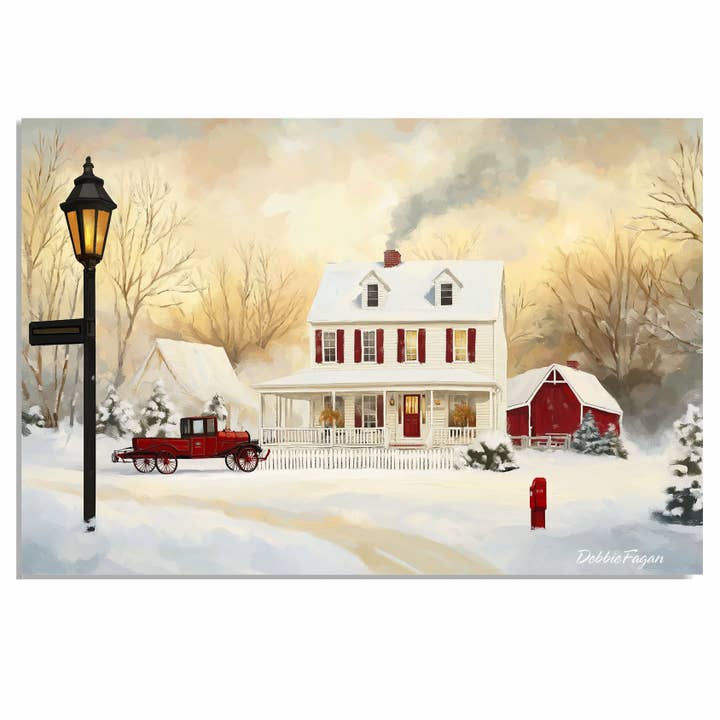 Country House Red Barn Wagon in Sunset Snow Scene Canvas for wholesale by Art Paradise Studios