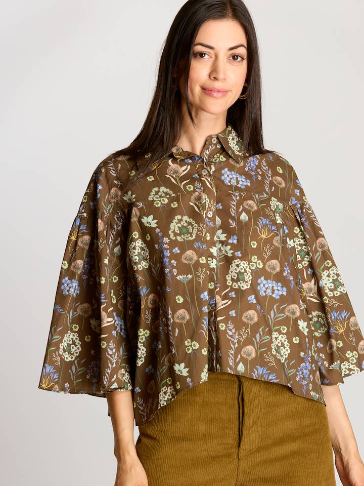 Olive Multi Print Poplin Flowy Sleeve Blouse for wholesale on Faire0