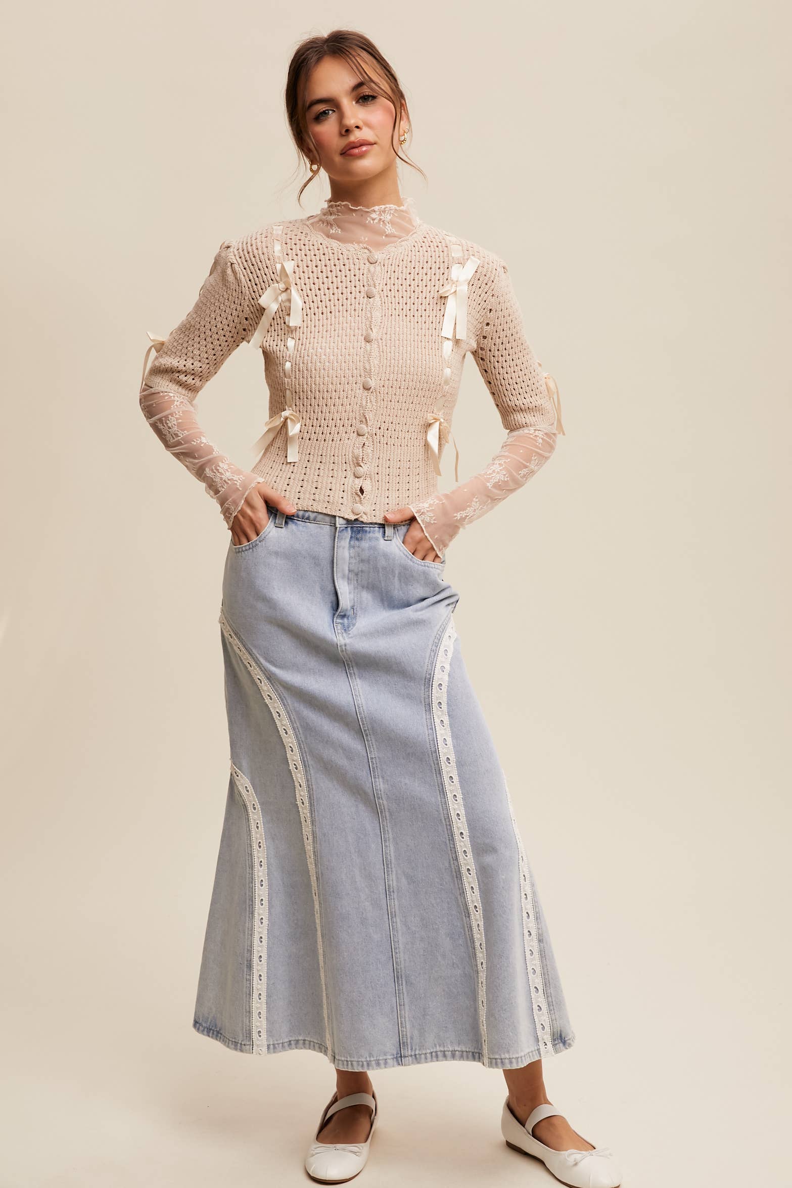 Listicle - Wholesale Cardigan - Women's - Pastel Knit Cardigan with Satin Bow Details8