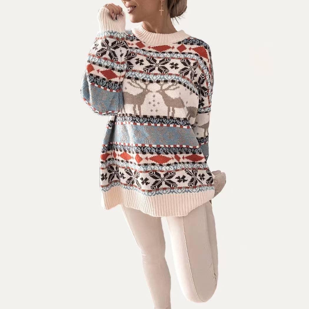 The Moment Collection - Wholesale Knit Sweater - Women's - Warmy Elk Geometric Pattern Long Sleeve Knti Sweater8
