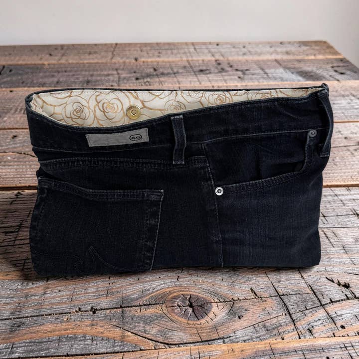 AG Upcycled Premium Dark Denim Clutch – metallic roses for wholesale by Indigo Bags