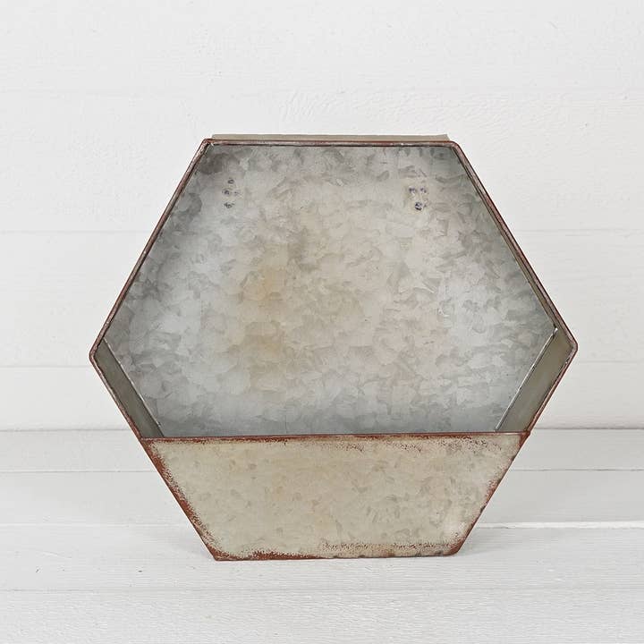Impressive Enterprises, Inc. - Wholesale Decorative Tabletop Object - 16inW Vintage Galvanized Hexagon Pocket Wall Planter