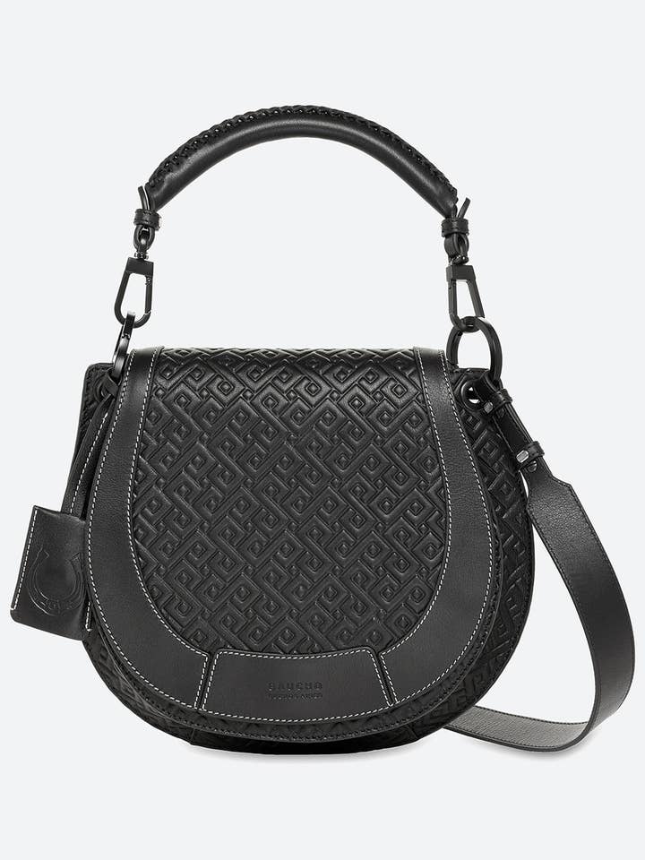 The Lucky Bag, Embossed Leather Saddle Bag in Black for wholesale by Gaucho Buenos Aires