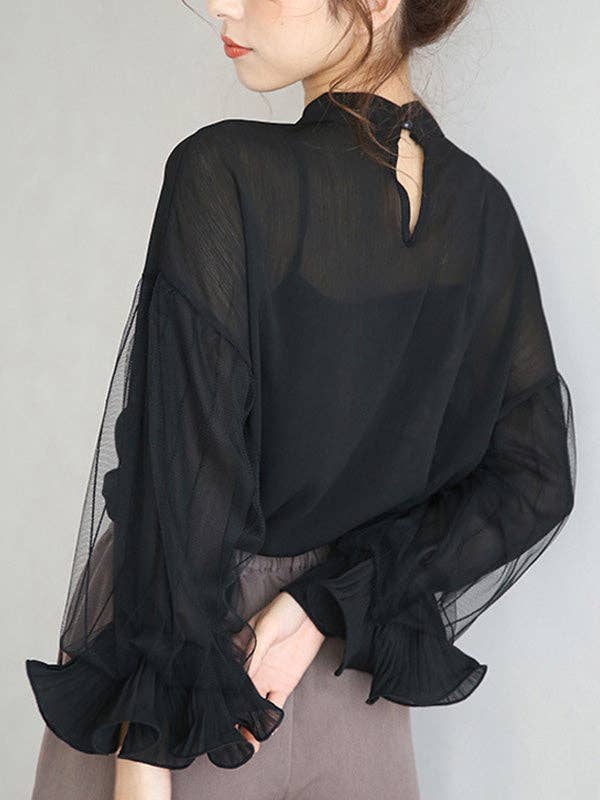 Sheer Trend - Wholesale Blouse - Dames - Eenvoudig hemd van chiffon met pofmouwen en gaassplitsende kleur13