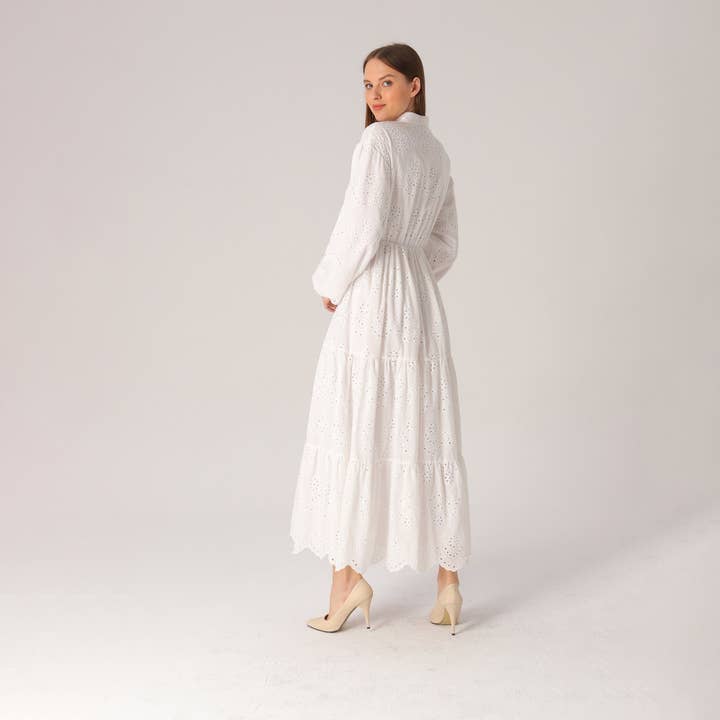 Modest White Long Sleeve Eyelet Maxi Dress for wholesale on Faire1
