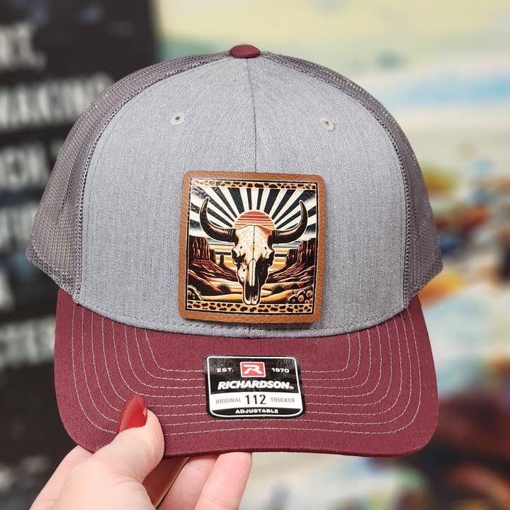 Maroon and Gray Trucker Hat with Bull Skull Patch for wholesale by Knot Creatives