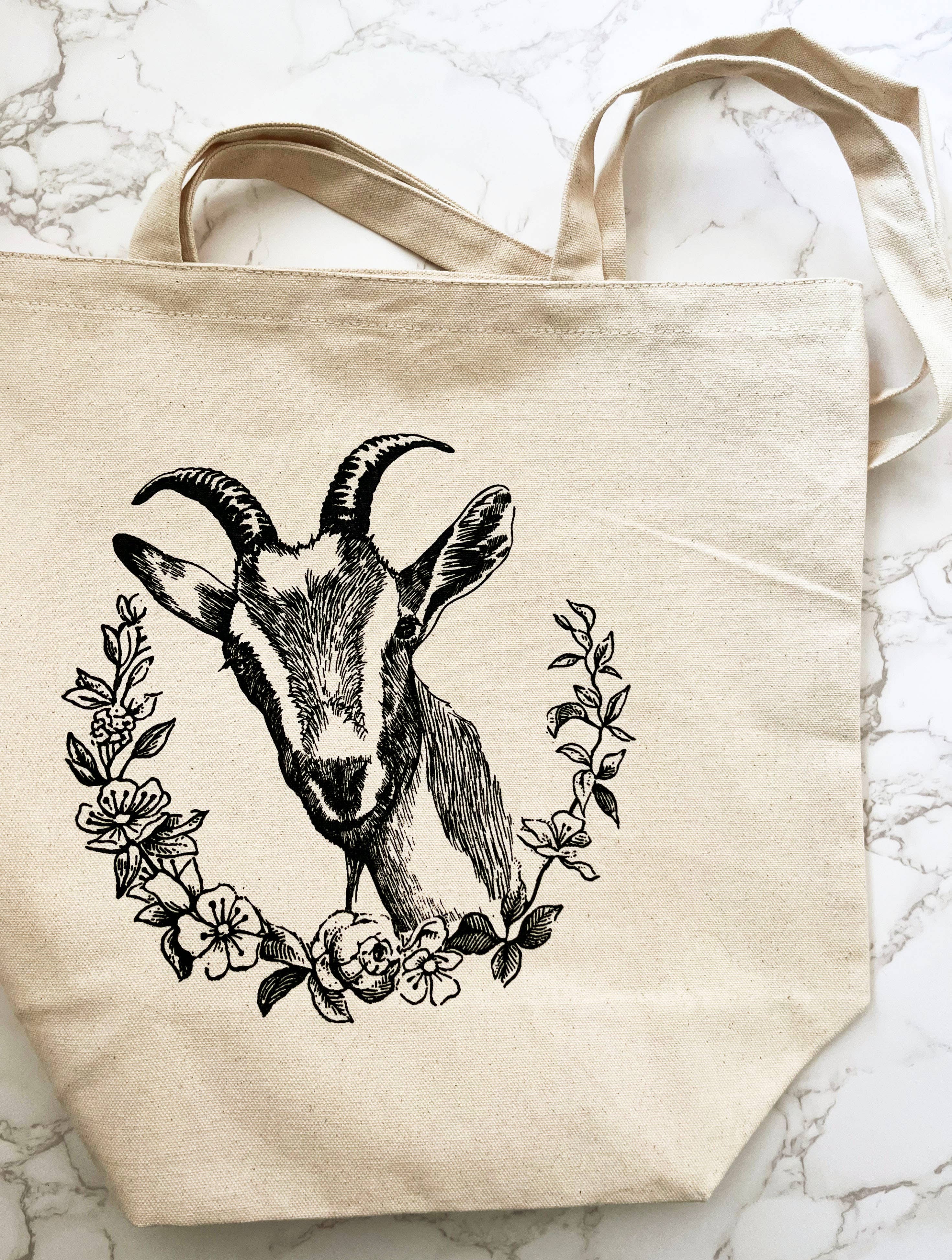 The Coin Laundry - Wholesale Tote Bag - Women's - Goat with Flowers Cotton Canvas Tote - Reusable2