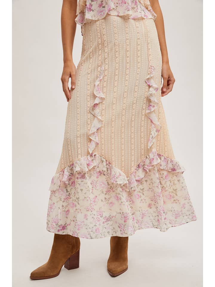 Bluivy - Wholesale Skirt – Women’s - FLORAL PRINT TRIMMED MAXI LACE SKIRT WITH LINING2
