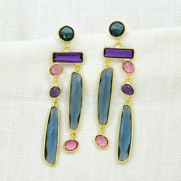 Schmuckoo Berlin - Wholesale Dangle Earrings - Chiyo Geometric Earring - Blue Iolite, Amethyst & Tourmaline