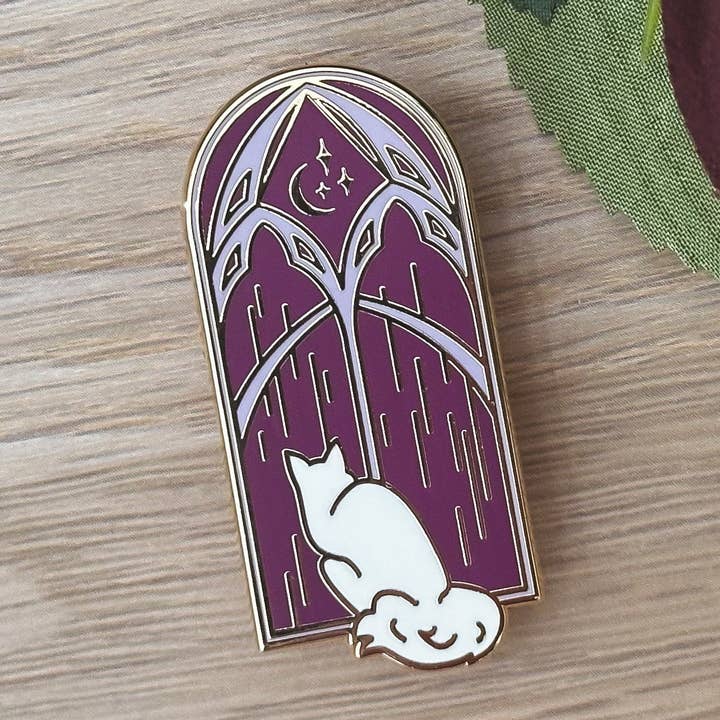 Windowsill Cat Hard Enamel Pin for wholesale by Keely Studios