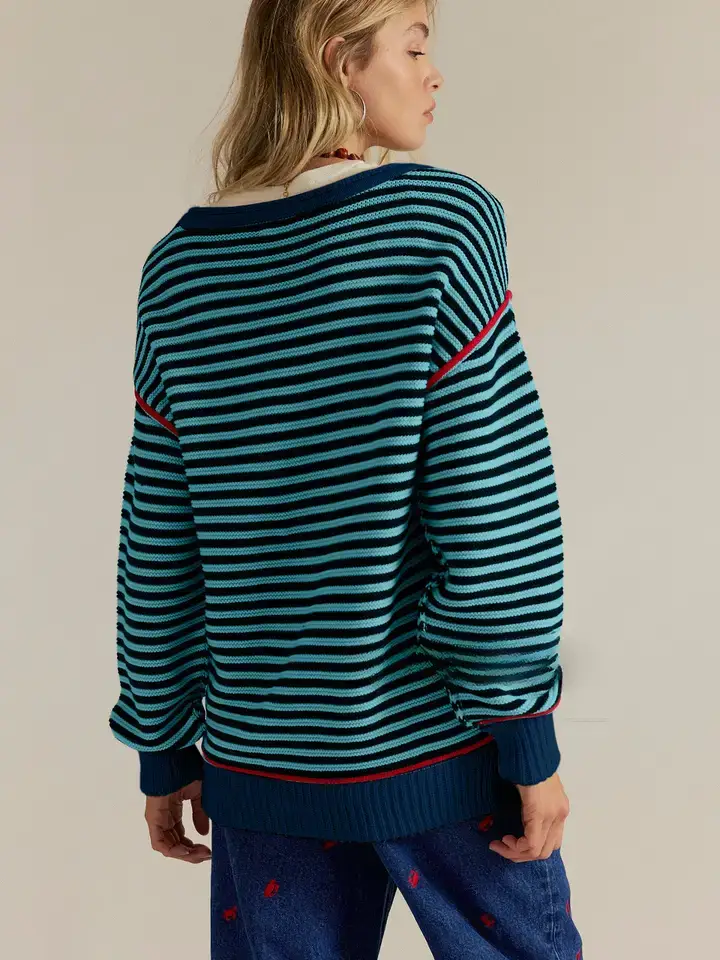 Lovesoft - Wholesale Knit Sweater - Women's - Striped Crewneck Knit Sweater with Contrast Trim3