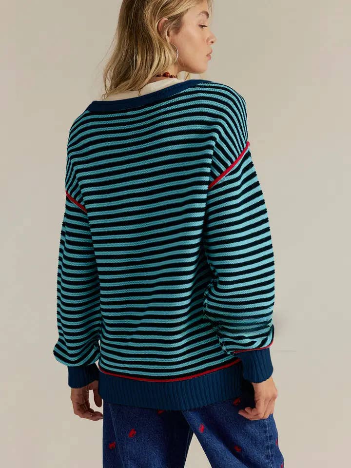 Lovesoft - Wholesale Knit Sweater - Women's - Striped Crewneck Knit Sweater with Contrast Trim3