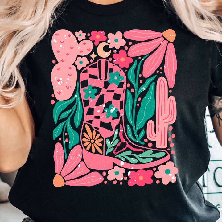 Desert Floral Cowgirl Boot Graphic Tee for wholesale by Kissed Apparel
