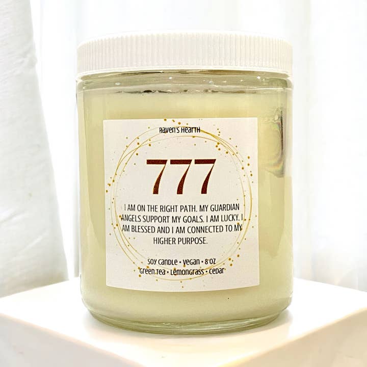 777 Candle | Green Tea & Lemongrass | Angel Number | 8 oz for wholesale by Raven’s Hearth